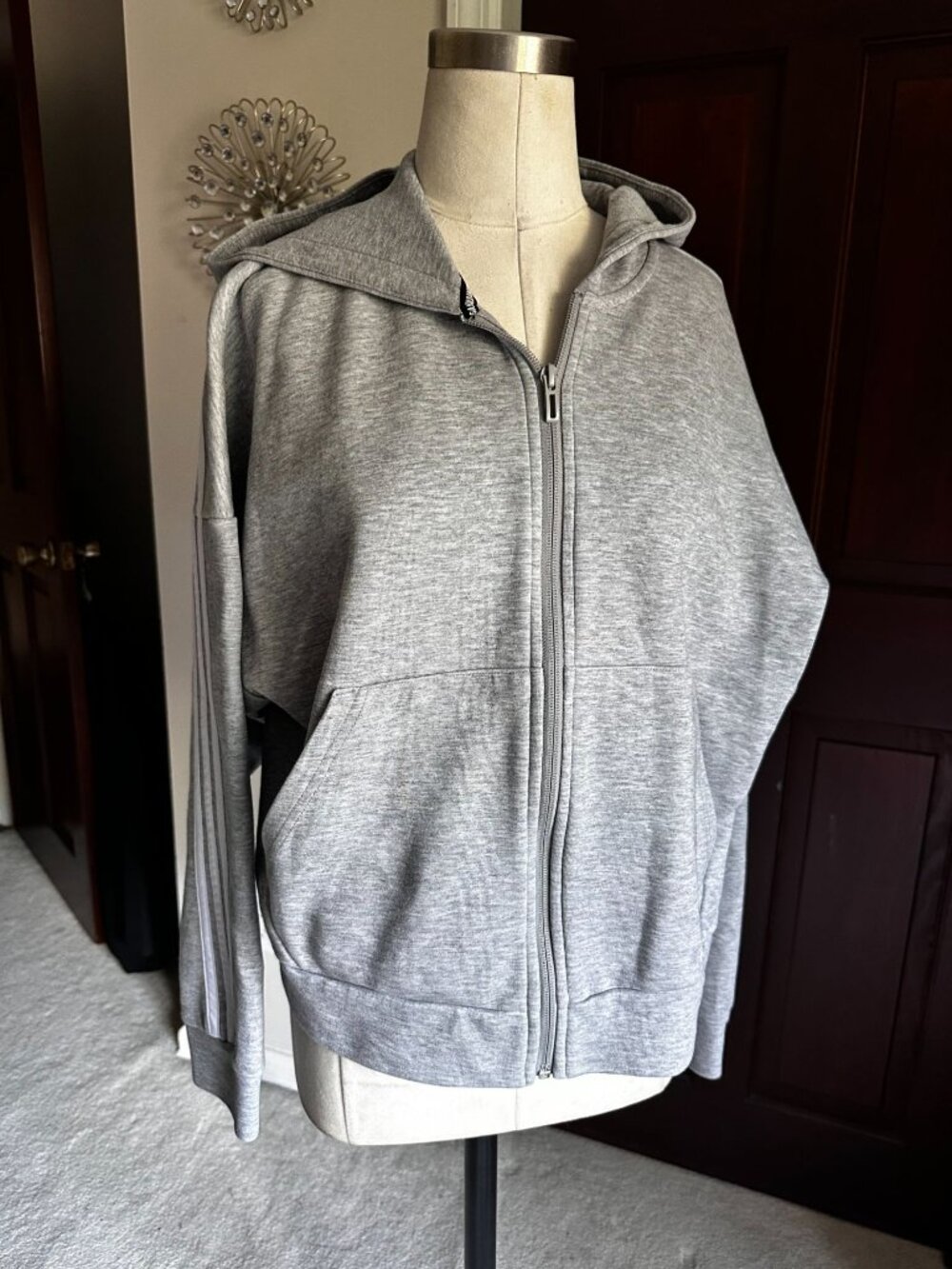 adidas gray zip up hoodie with white striped detail Medium